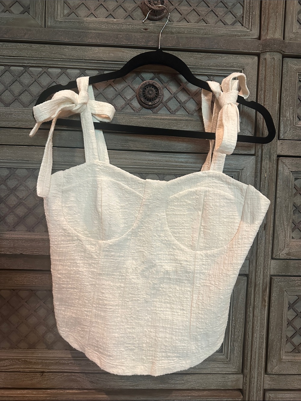 Anthropologie Cream Textured Tie-Shoulder Bustier Top